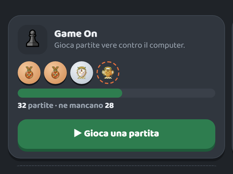 La carta della campagna «Game On» dell’area dei bambini, con i trofei da conquistare e il pulsante «Gioca una partita».