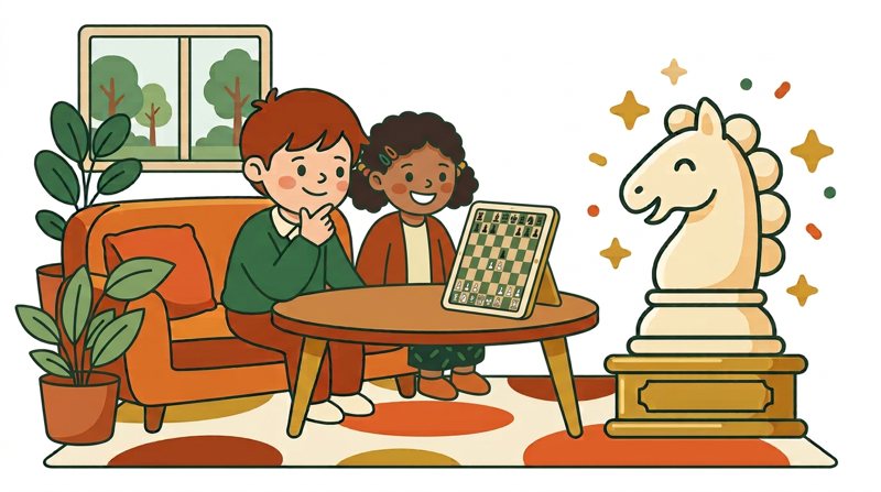 Two smiling children on a sofa look at a chess game on a tablet, with the brand's knight beside them.